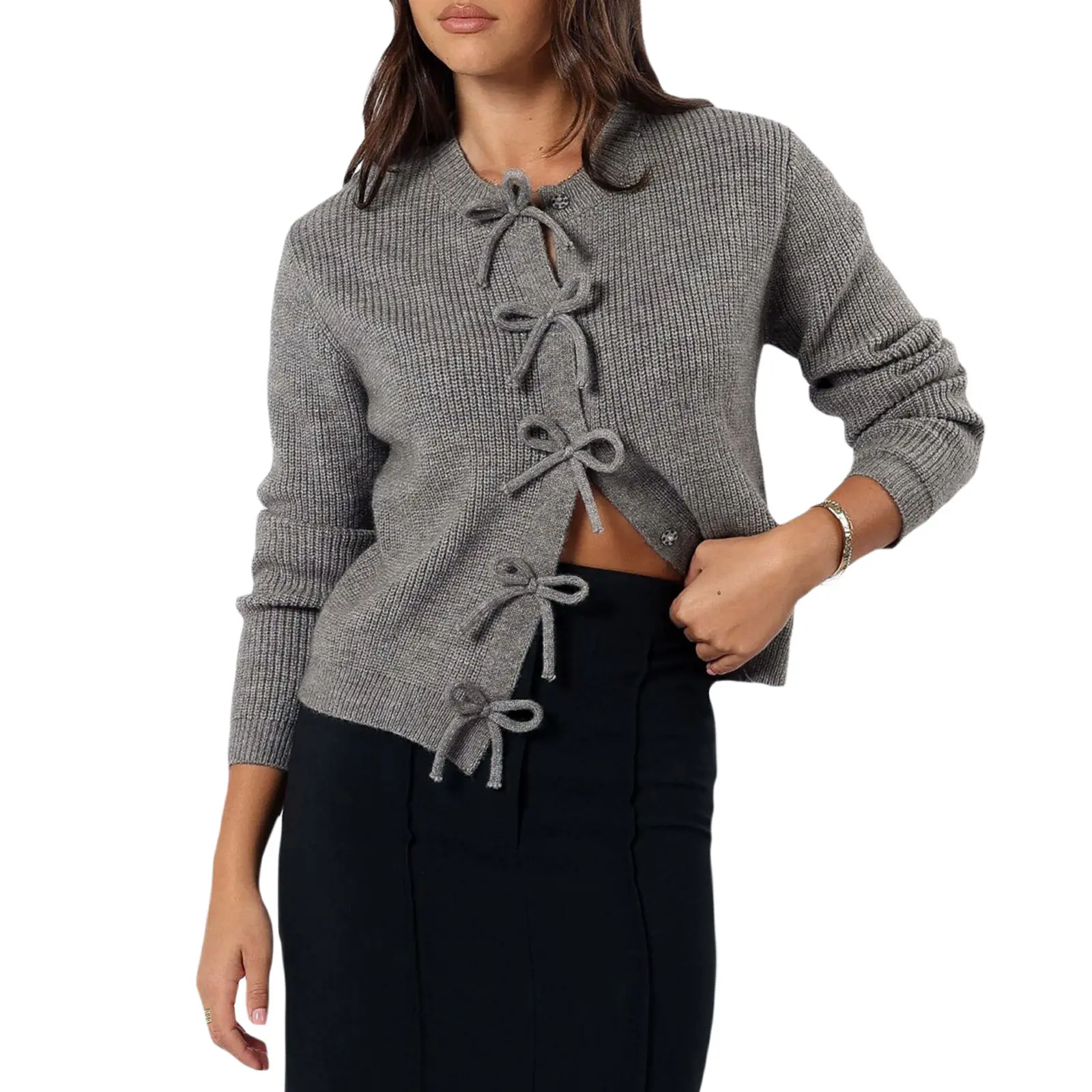 Women's Ribbed Knitwear Cardigan - Fitted Long-Sleeves Round Neck Top with Ribbed Cuff, Bow-Knot Closure, Polyester Knit Fabric for Chic Casual Streetwear, Longsleeves, Lady, Long Sleeve, Piece, Knitted, Bow Closure, Full Sleeve