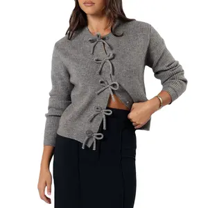 Women's Fitted Ribbed Long-Sleeve Knit Button-Down Cardigan - Chic, Feminine Bow Front, Comfortable Warm Fall Top for Casual Streetwear