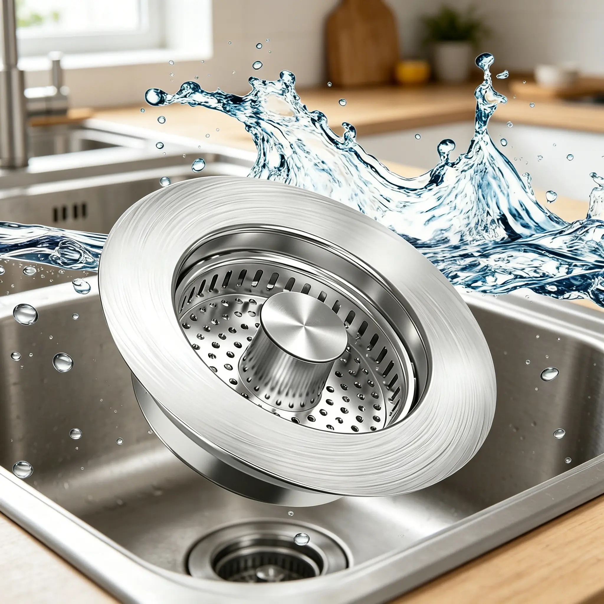 Upgraded 3-in-1 Kitchen Sink Drain Strainer, Stainless Steel Pop-Up Stopper, Anti-Clogging Basket, Fast Drainage Plug, Fits US Standard 3.5-Inch Drain
