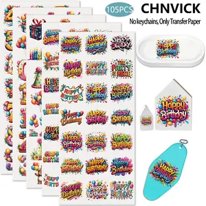 105 PCS Happy Birthday UV DTF Keychain Stickers, Colorful UV DTF Stickers, High Viscosity UV Stickers Suitable for Keychains, Small Pendants, Mugs UV DTF Transfer Paper(No Keychain, Stickers Only)