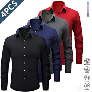 Four solid-color men’s long-sleeve shirts with a notched lapel collar, classic pointed lapel design that is sharp and well-structured, button placement that fits comfortably against the neck, long sleeves suitable for multiple seasons, smooth stretch fabr