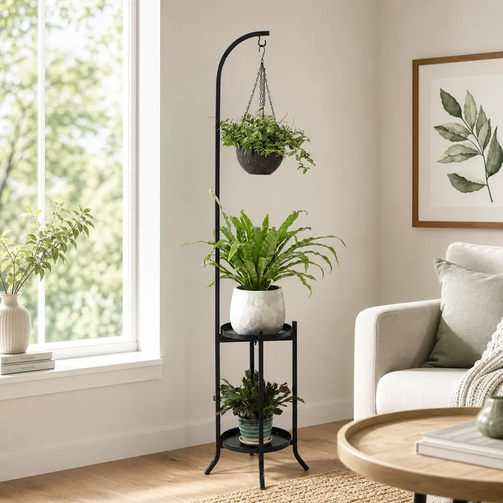 2-Tier Metal Plant Stand — Hanging-Style, Indoor/Outdoor Corner Ladder Rack. This high-capacity 3-tier stand accommodates up to 12 flower pots, making it perfect for decorating living rooms, bedrooms, gardens, and for any plant enthusiast