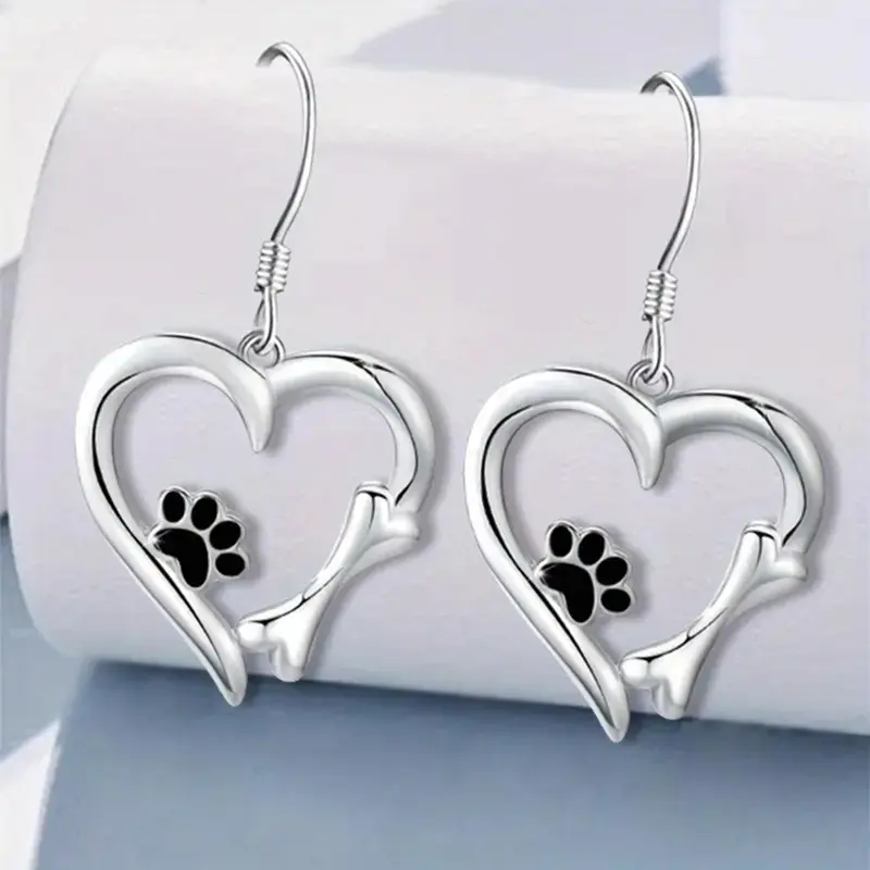 Cute Heart Shaped Paw & Bone Design Dangling Earrings, Dainty Fashion Jewelry for Women, Daily Clothing Decor, Trendy All-match & Exquisite Jewelry for Birthday Gift, Valentine's Day, Gift, High Quality Earrings, Jewelry Gifts