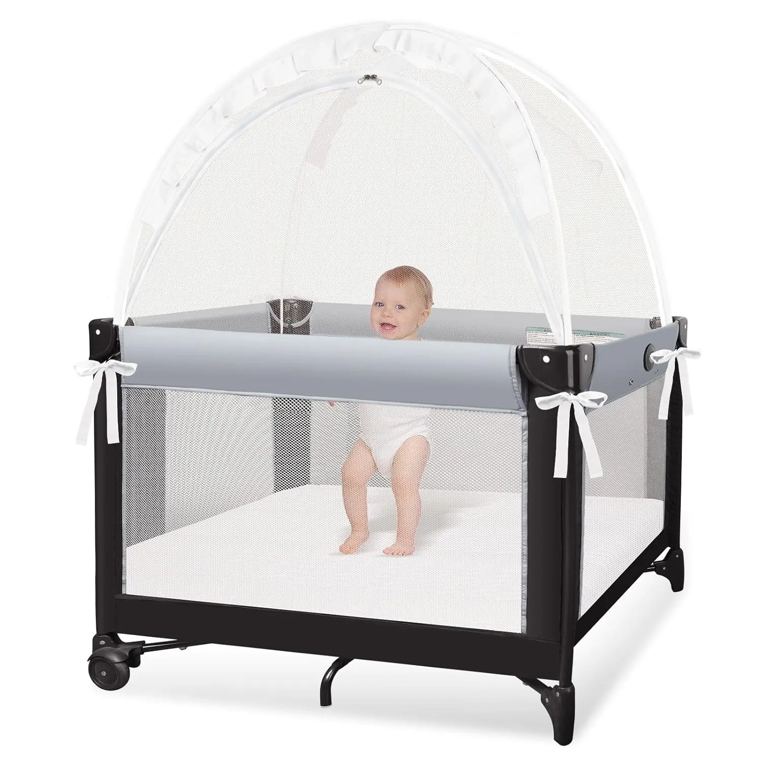 Baby Crib Tent with Netting Double Zipper Pop Up Crib Safety Net to Prevent Climbing Out Durable Breathable Mesh Crib Tent with Strong Rods Easy Installation for Toddler Crib Protection