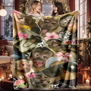 Cute Monkey Party Blanket, High-Weight Flannel Fabric, Soft and Warm, Anti-Wrinkle, Easy Clean, Perfect Gift for Fun Lovers, Flannel Throw Blanket