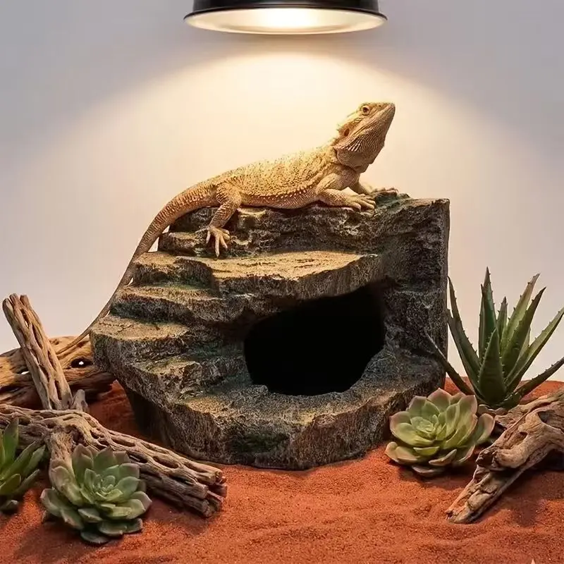 Reptile Cave Hideout – Vintage Resin Habitat Decor with Shale-Style Ledges and Cave – Suitable for Terrariums and Aquariums – Ideal for Geckos, Lizards, Turtles, and Toads