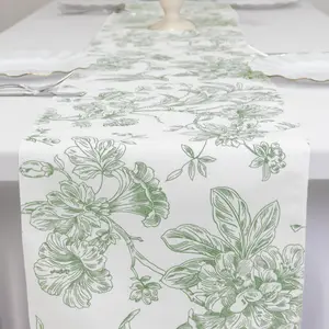 Polyester Table Runner 12"x108" White with Dusty Sage Green French Toile Floral Print - Exquisite Reusable Table Décor