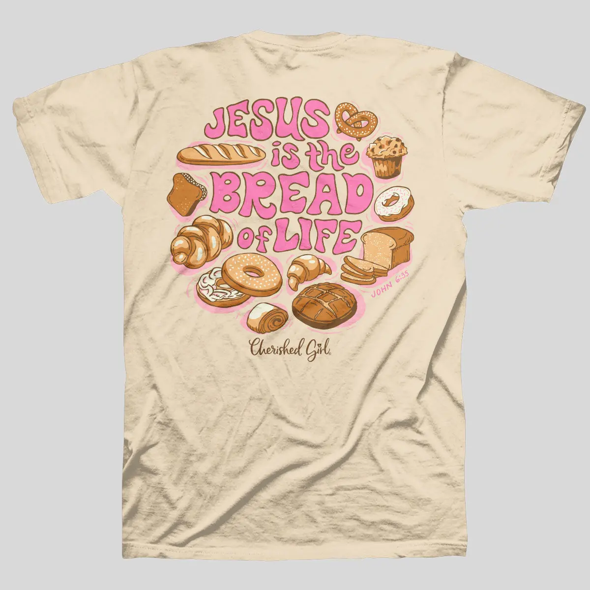 Women's T-Shirt with "Bread of Life" Graphic, 100% Cotton Casual Crewneck, Clothes with Taped Shoulders & Double-Needle Hem