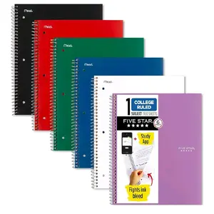 Five Star Spiral Notebook + Study App, 6 Pack, 1 Subject, College Ruled Paper, 8-1/2" x 11", 100 Sheets, Fights Ink Bleed, Water Resistant Cover, Assorted Colors (38052)