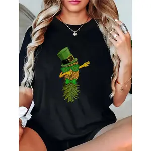 Women’s St. Patrick’s Day Pineapple Dabbing T-Shirt | Green Leprechaun Hat, Bow Tie & Sunglasses, Casual Party Festival Top 100% Cotton T-shirt