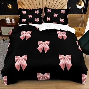 Black and pink bow pattern, soft bedspread set includes 1 quilt cover and 1 or 2 pillowcases, without cotton filling, perfect as a holiday or birthday gift, Quilt Bedding Set