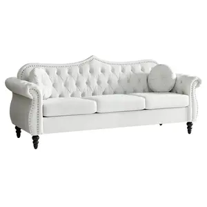 Giratree Furniture 82" Velvet Chesterfield Sofa, 3-Seater Deep Button Tufted Couch with Nailhead Trim and Pillows, Mid-Century Modern Upholstered Sofa for Living Room, White