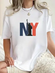 Men's 100% Polyester Printed T-Shirt - Orange and Blue New York Street and Statue of Liberty Geometric Letter Design, Comfortable Fit Short Sleeve Round Neck Top, All-Season Casual Outdoor Wear, Vintage Breathable Fabric Durable Daily T-Shirt