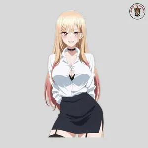Marin Waifu Vinyl Sticker, Sexy Office Outfit Anime Girl with Blonde Ombre Hair, Laptop and Phone Decor
