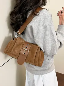 Women's Vegan Suede Vintage Crossbody Shoulder Bag, Adjustable Strap Underarm Hobo Purse, Solid Pattern, All Seasons