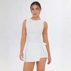 Women Sleeveless Wrap Tie Tennis Dress Built-in Shorts Casual Athletic Mini Skort Dress