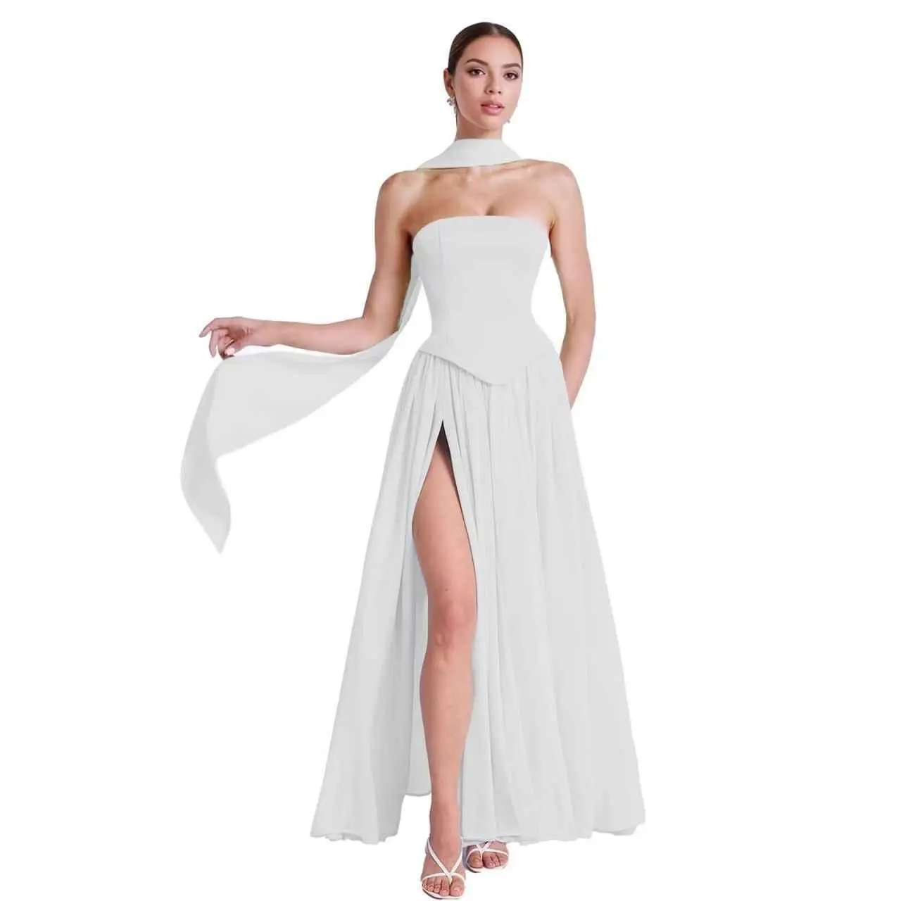 Women’s 2026 Formal Dresses Elegant Strapless Chiffon Bridesmaid Dresses Pleated A-Line Long Slit Floor Length Formal Evening Gowns with Scarf for Wedding Guest Events