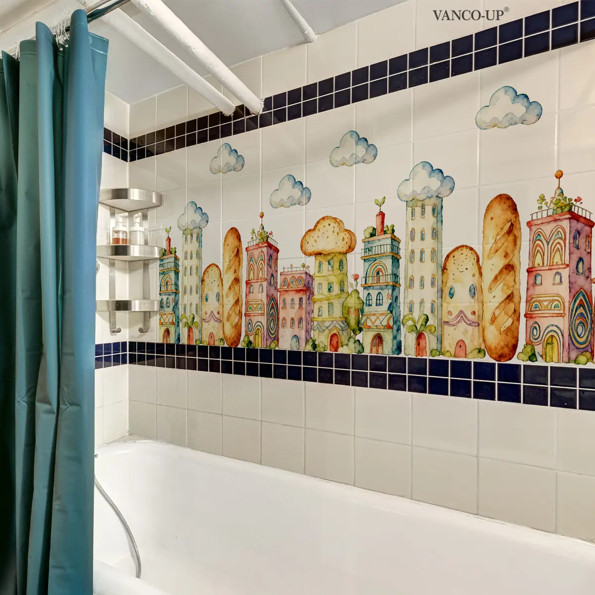 A new 30*90cm hand-painted cloud fairy tale town creative wall sticker, which can beautify festival home, living room, bedroom, corridor and kitchen background walls. It is a self-adhesive decorative sticker, model M20424-KR.