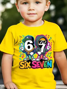 Kids' "Six Seven" Hip Hop Themed 6-7 Birthday Graphic T-Shirt, Yellow Cotton Short Sleeve Tee