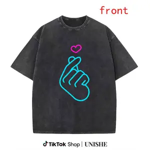Unisex Vintage K-Pop T-Shirt – Neon Green & Pink Hand & Heart Print, Short Sleeve Style