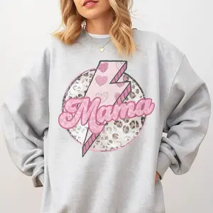 Mama - Mama Lightening Bolt Pink with Leopard  Sweatshirt - Ash Grey - Preppy Fit Aesthetic Jersey Unisex