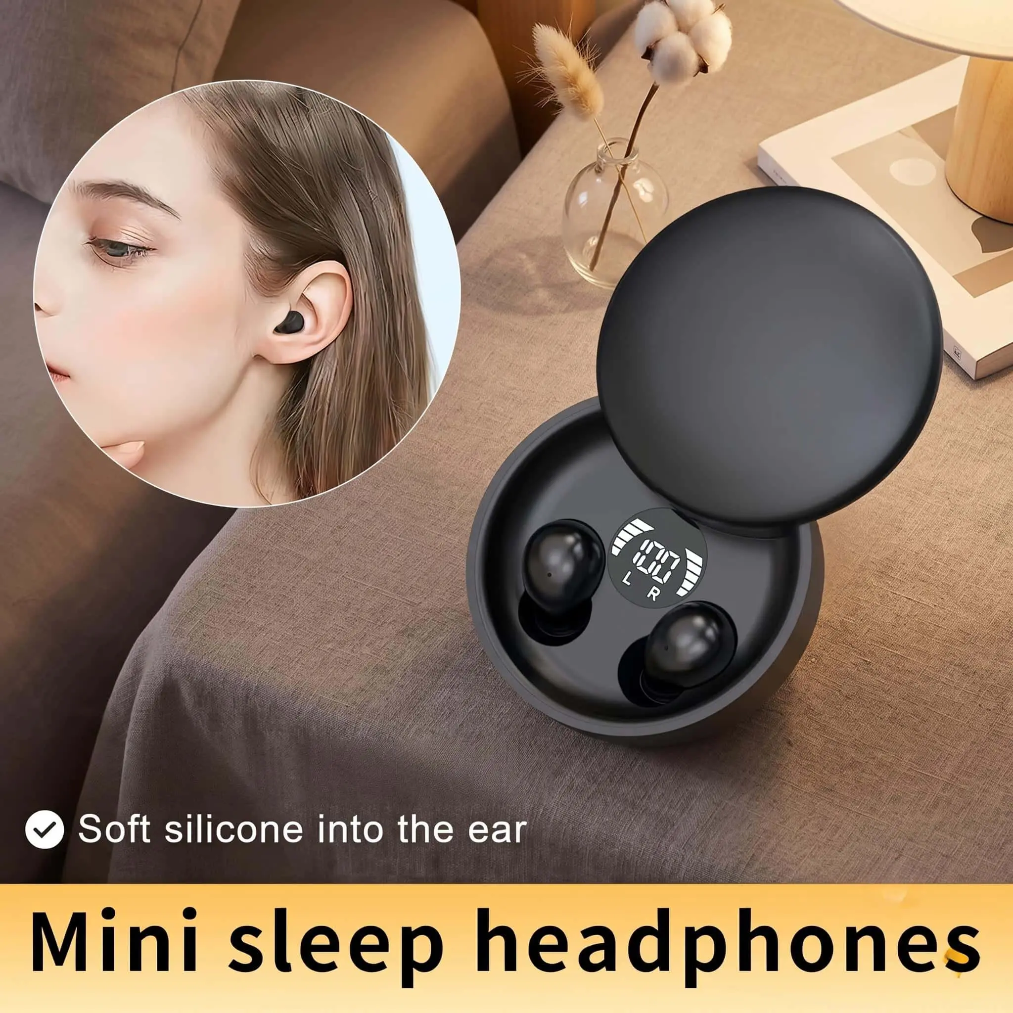 Fluffdrip SK26 Invisible TWS Wireless Bluetooth Call In-Ear Headphones - Mini Headset, Ergonomic Design for Side Sleepers, Rechargeable with Smart LED Display, Touch Control, Portable Charging Case for Android Mobile Devices