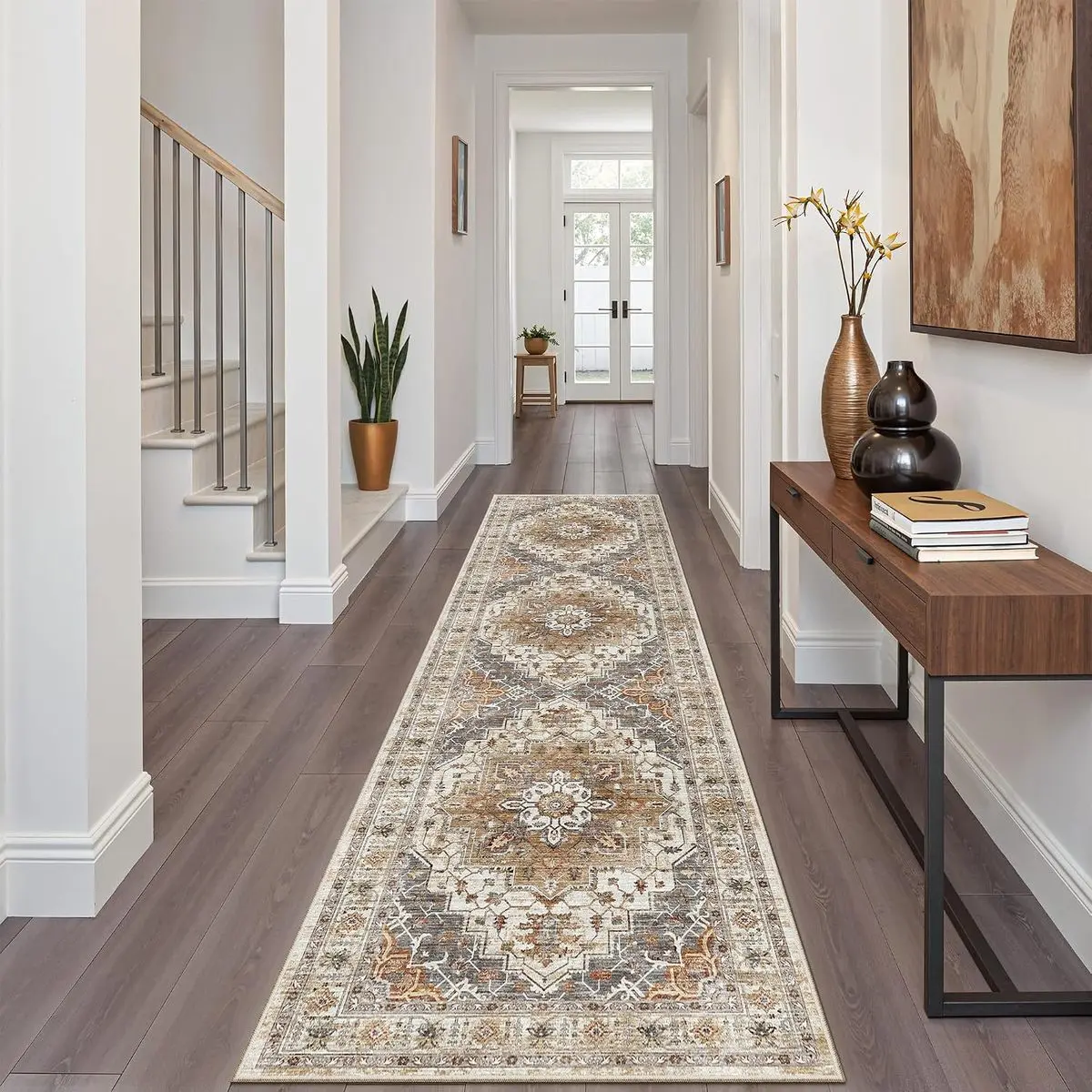 Hallway Runner Rug 2x8 Washable Kitchen Rugs Non-Slip, Turmeric/Grey| Vintage Machine Washable Low-Pile Floor Carpet 8ft, Soft Ultra-Thin Throw Entry Foyer Mat for Entrance Laundry Living Room