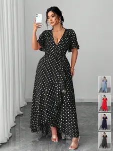 Plus Size Polka Dot Wrap Dress, V Neck Flutter Sleeve Long Dress, Perfect for Breakfast Dates, Coffee Shops, Daily Commute, Weekend Outing