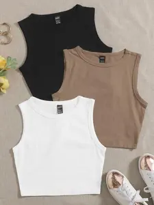 3 PCS Round Neck Tank Top - Summer Beach Slim Fit Sleeveless Crop Tops in Multicolor - Casual Korean Minimalist Style - Comfortable Breathable Knitted Fabric