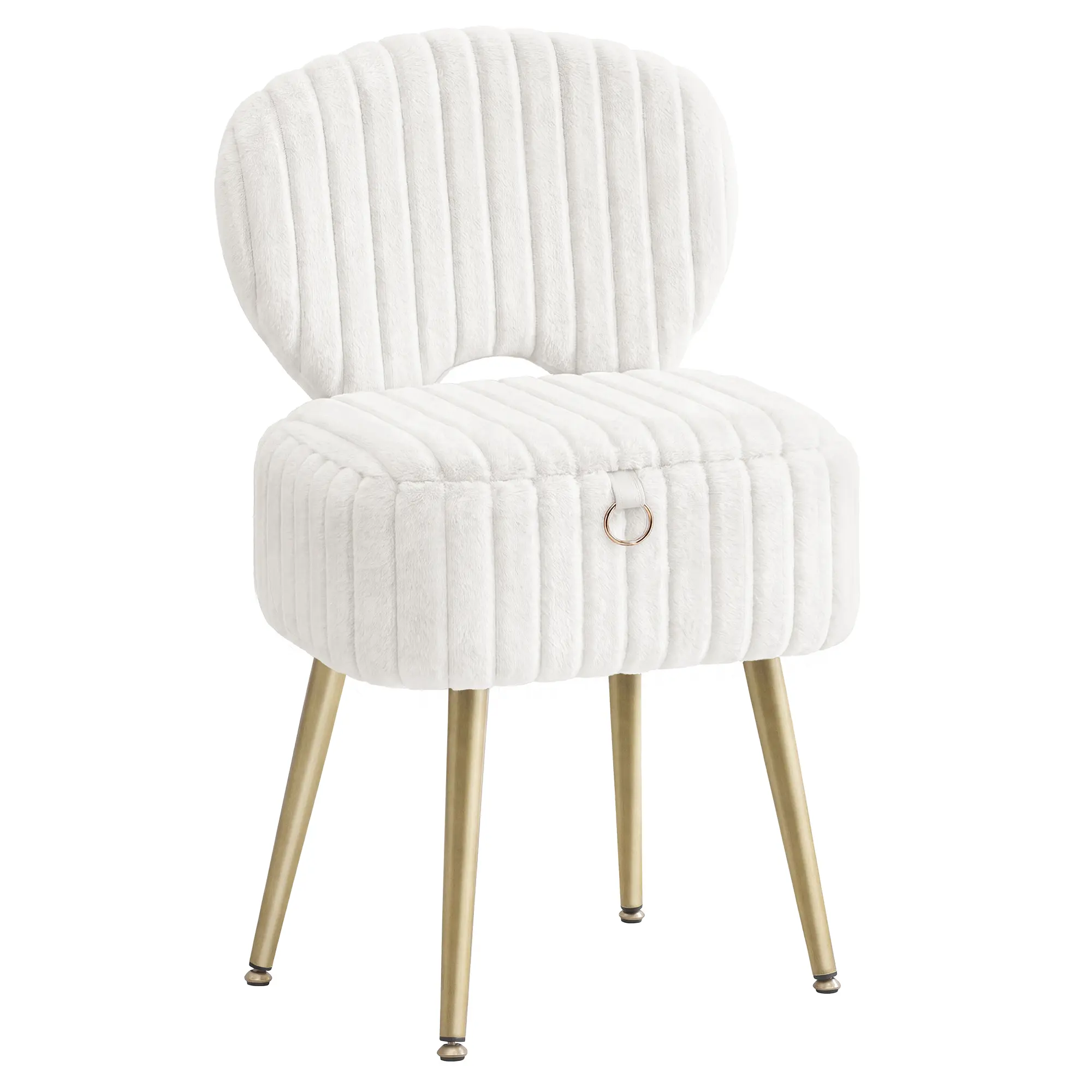 SONGMICS Small Vanity Chair with Storage and Folding Back, Vanity Stool, Footrest Footstool Ottoman, Dressing Table Stool, Furry Padded Seat, for Makeup Room, Bedroom