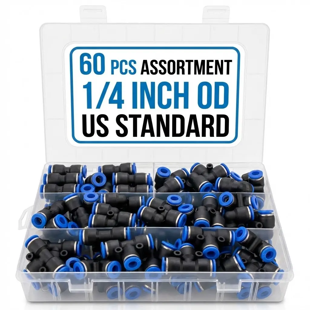 Serein （60 PCS） 1/4" OD Push to Connect Fittings - Air Line Pneumatic Quick Release Assortment Kit - US Standard for Air Tubing & Tools Air Hose Connector Fittings