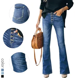 High - Waisted Light Blue Flared Jeans for Women - Button - Fly Design Fashion with Flattering Fit