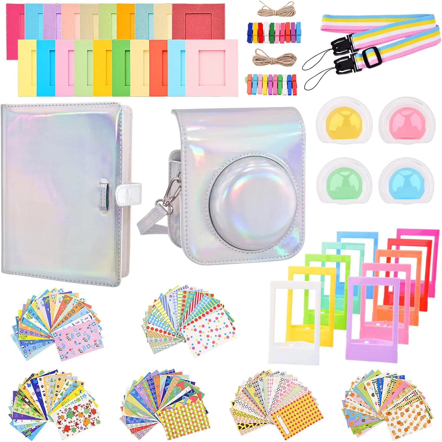 Mini 12 Instant Camera Accessories Kit Compatible with Instax Mini 12 Instant Camera, Include Case, Album, Stickers, Photo Frames, Paper Frame, Filters (Bright Silvery)
