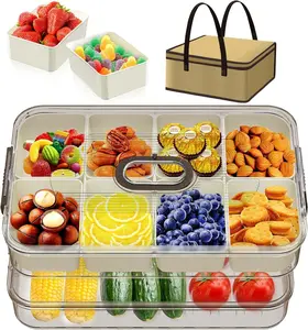 Divided Serving Tray with Lid and Handle-Snackle Box Charcuterie Container for Portable Snack Platters - Clear Organizer for Candy, Fruits, Nuts, Snacks - Perfect for Party Kitchen Transparent Utensils Double layered Stackable Snackle Platters with Bag