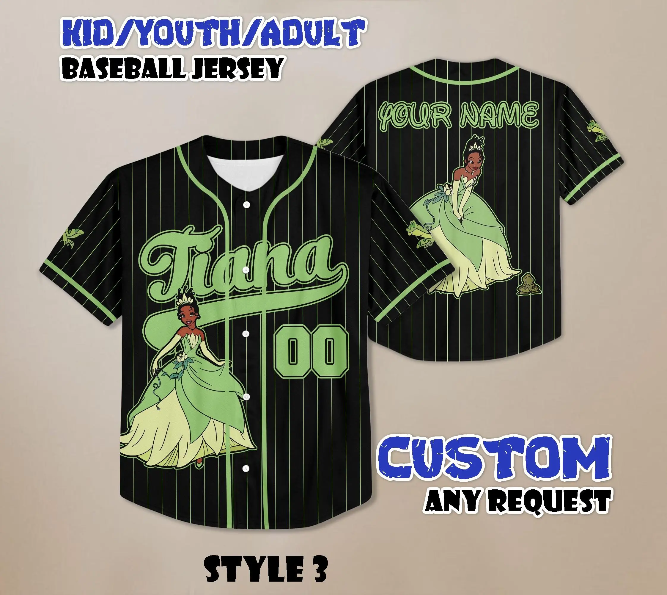 Custom Tia,,na Baseball Jersey, Princess and the Frog Sports Gift Black