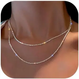 CASSIECA 2pc Layered Necklace Set for Women Silver Layered Necklace Style Necklace Sterling Silver Stackable Necklace Shiny Diamond-Cut Popcorn Chain for Women and Girls Summervibes