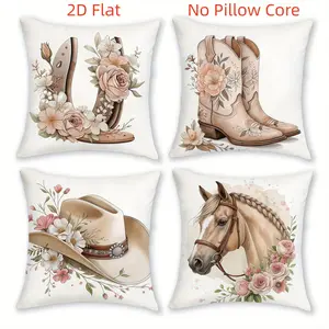 4pcs, Western Cowboy & Horse Themed Throw Pillow Covers, Rose Floral Pattern Design, Suitable for Country Farmhouse Style, Suitable Living Room, Bedroom, Sofa and Bed Decoration, 2D Flat, Single Sided Printing, No Pillow Core