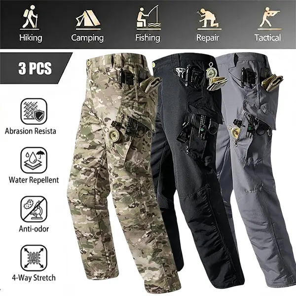 3-Pack Men’s Tactical Pants – Slightly Stretchable Waterproof Fabric, Durable Hard Shell Construction, Wear-Resistant Workwear Pants, Checkered Fabric, Suitable for Hiking, Casual Wear, and Work, Multi-Pocket Design (Belt Not Included)