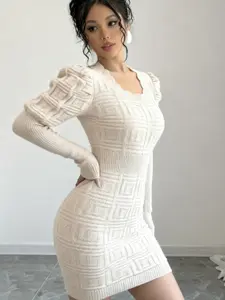 Women's Bubble Puffed Sleeve Textured Knit Fitted Dress, Square Neck Tight Fit Mini Sweater Dress, Elegant Geometric Pattern Party Wear, Cream Color Winter Dress