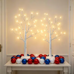 2-Pack Lighted Patriotic Spring Mothers Day Christmas Tree Decorations Indoor, 2ft Birch Tree with LED Lights, Small Tabletop Easter Valentines Day Tree with Lights,-