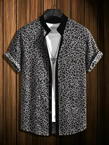 Men's Casual Shirt, Leopard Print Collar Short Sleeve, Street Style, Fitted, All over Print, No Zipper, with Button