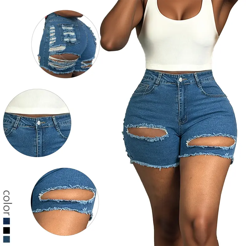 Trendy High - Rise Blue Denim Shorts with Distressed Detailing: A Fashion - Must for Women