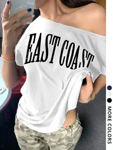 Women's Shoulder-Exposed Short Sleeve Top with Letter Print, Soft Comfortable Casual Daily Wear Style, Multiple Colors Available
