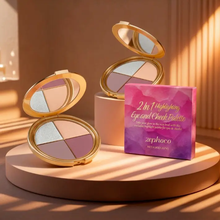 4-in-1 Highlighter Blush Eyeshadow Palette - All-in-One Professional Makeup Kit with 4 Versatile Shades, Silky Powder Texture, Buildable Color, Perfect for Daily Makeup, Party Looks & Travel, Natural Radiance & Flawless Finish for All Skin Tones