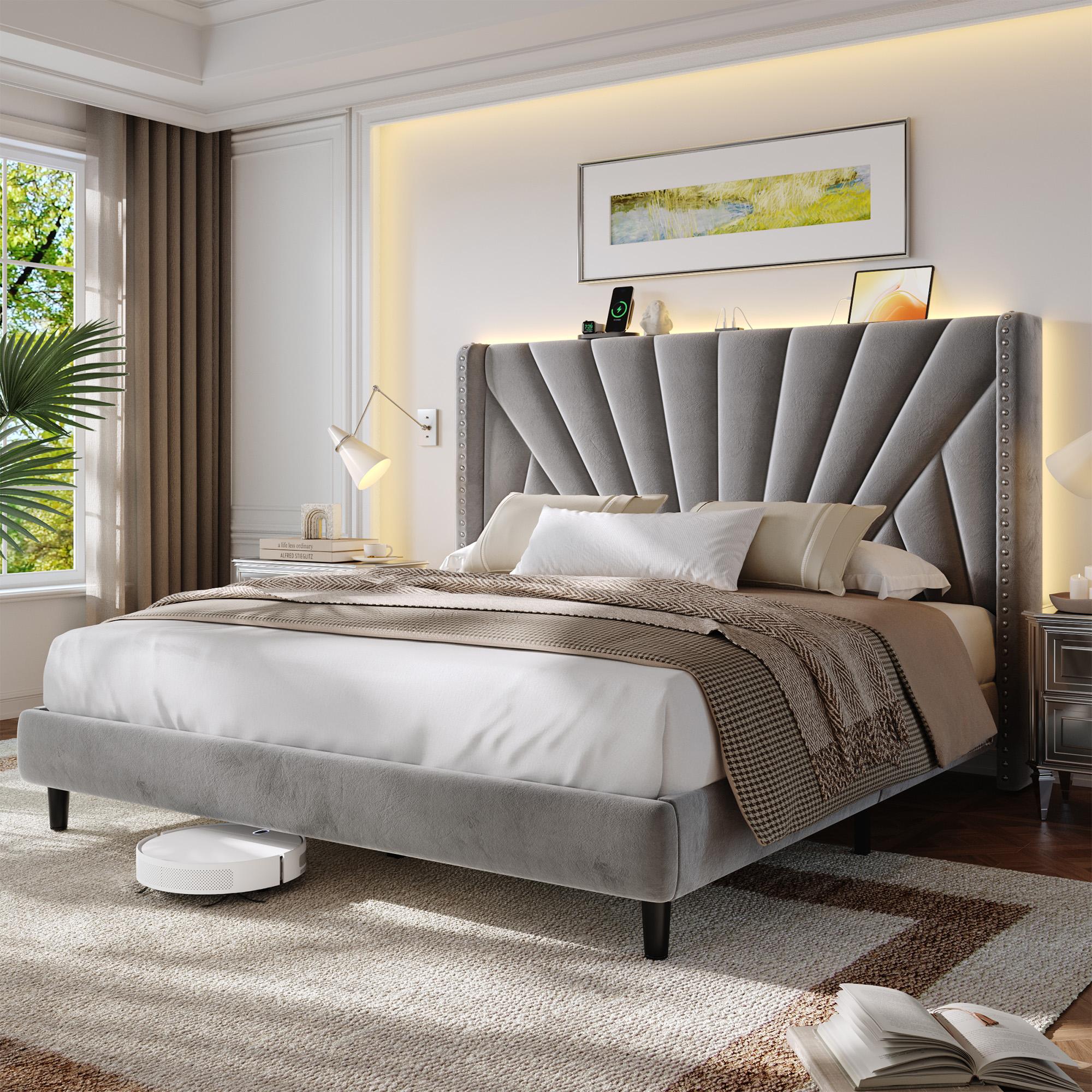 Solid Wood Queen/King Size Bed Frame with 51" Velvet Upholstered Headboard, up to 900 LBS Foundation with All Sturdy Metal Support,Headboard with Charging Station and LED Lights, Wingback Headboard, No Box Spring Needed, Noise-Free,Easy Assembly