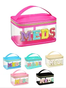 Velvet Letter Patch Wash Bag, Transparent Travel Medicine Storage Bag, Nylon Zipper Makeup Bag, Suitable for Patients and Nurses, Clear Cosmetic Bag, Travel Cosmetic Bags