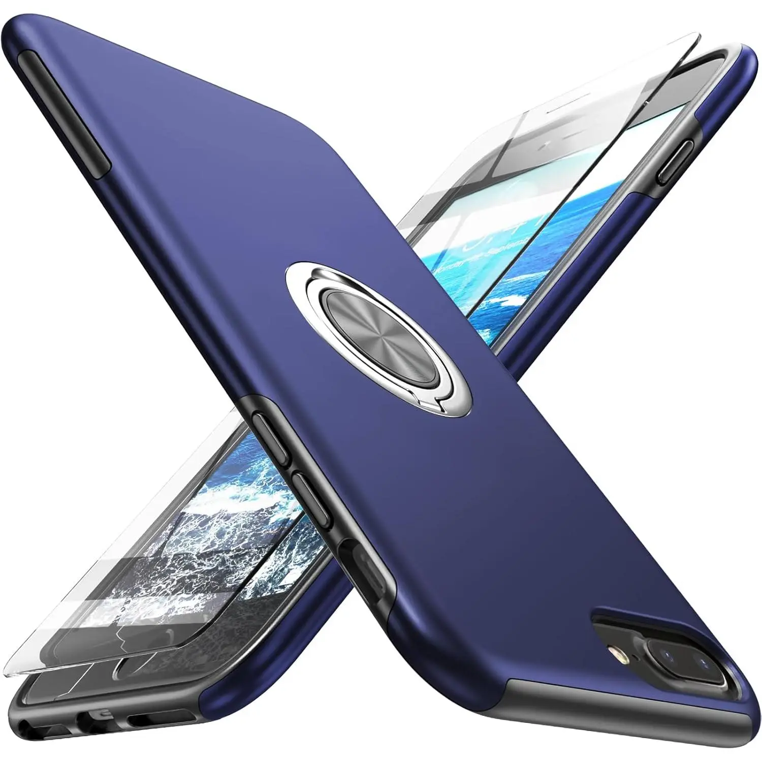 for iPhone 8 Plus Case with Screen Protector,Cover for iPhone 7 Plus/6S Plus/6 Plus,Hybrid 2 in 1 Protective Slim Fit Phone Case with Invisible Magnetic Ring Kickstand,Blue