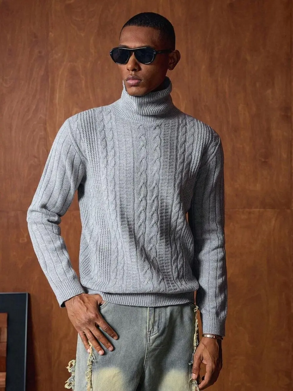 Sweaters - Men's Cable Knit Turtleneck Sweater, Long Raglan Sleeve Thermal Pullover for Winter Wear mens clothing male clothing streetwear clothing fall clothing sweater clothing for men fall sweaters y2k clothing
