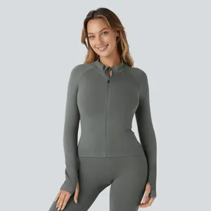 Halara Seamless Flow Stand Collar Raglan Sleeve Thumb Hole Zipper Skinny Yoga Jacket