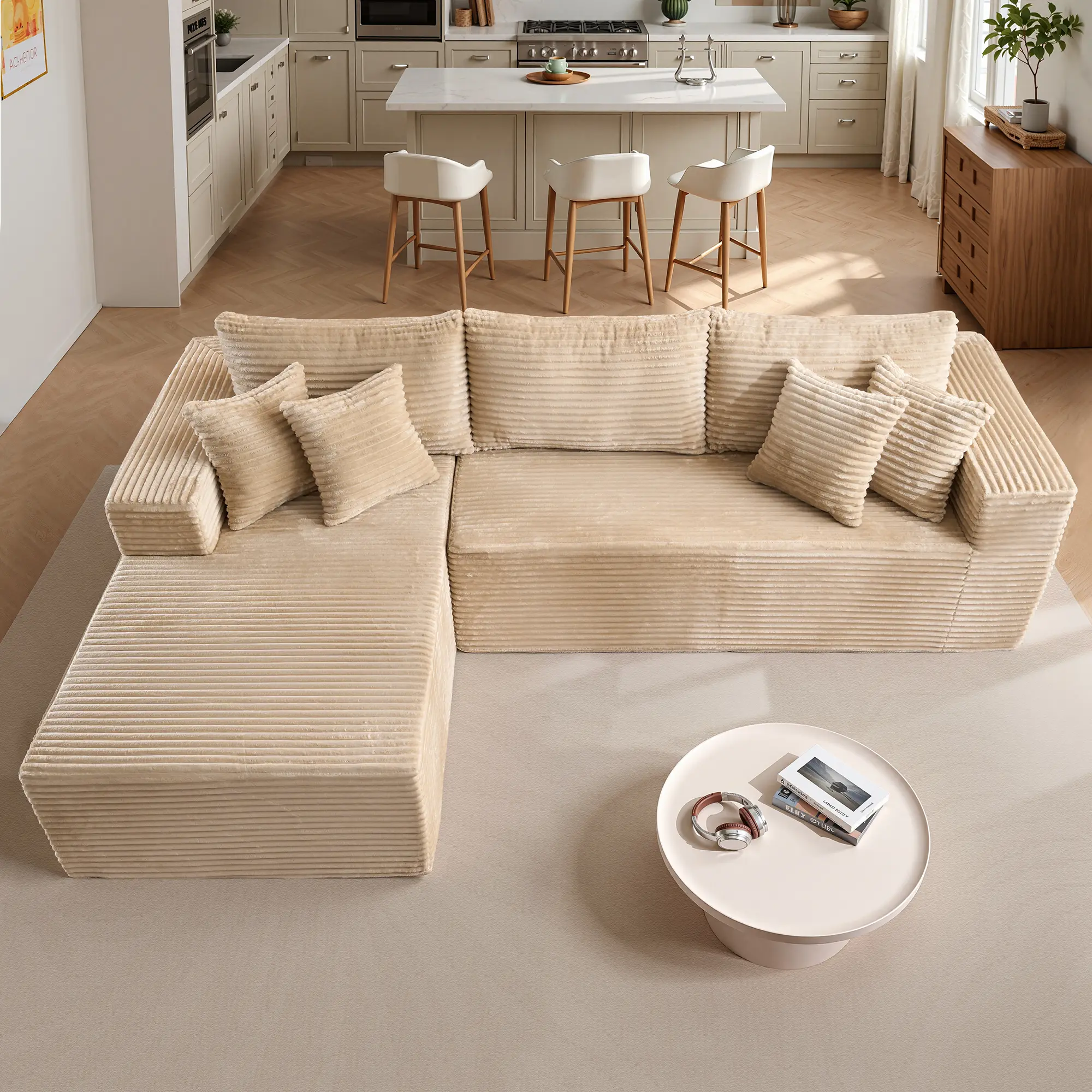 108" Beige L Shape Sofa Left Chaise